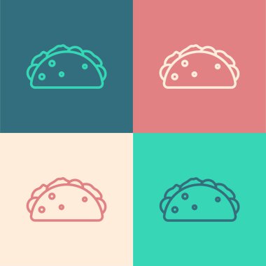 Tortilla ikonlu Pop Art Line Taco renkli arka planda izole edilmiş. Geleneksel Meksika fast food menüsü. Vektör
