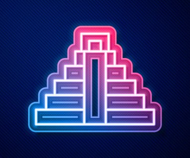 Maya ikonunda parlayan neon hattı Chichen Itza mavi arka planda izole edildi. Antik Maya piramidi. Meksika 'nın ünlü anıtı. Vektör