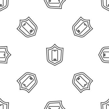 Gri çizgi akıllı telefon, güvenlik kalkanı ikonlu cep telefonu beyaz arka planda izole edilmiş kusursuz desen. Güvenlik, güvenlik, koruma kavramı. Vektör