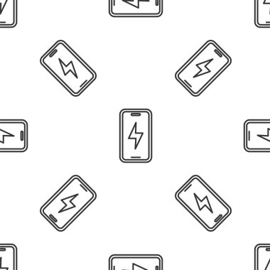 Gri çizgi akıllı telefon şarj olan batarya ikonu beyaz arka planda izole edilmiş pürüzsüz desen. Şarjı az bir telefon. Vektör