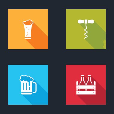 Bir bardak bira, şarap tirbuşonu, tahta bardak ve paket şişe ikonu. Vektör