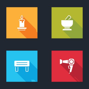 Aroma mumu, havan topuzu, sauna ahşap bank ve saç kurutma ikonu. Vektör