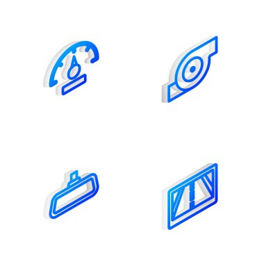 Isometric hattı otomotiv turbo şarj aleti, hız göstergesi, araba aynası ve harita simgesi ile GPS cihazını ayarla. Vektör