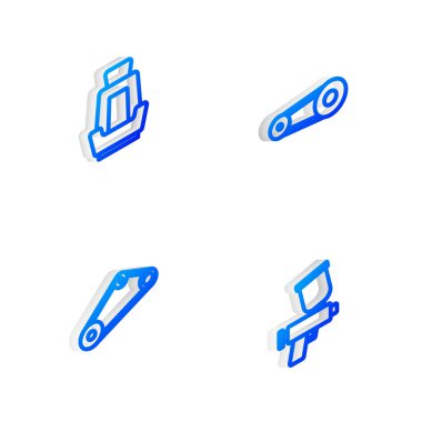 Isome hattı zamanlayıcı kemer kiti, araba koltuğu ve boya sprey tabancası ikonu ayarla. Vektör