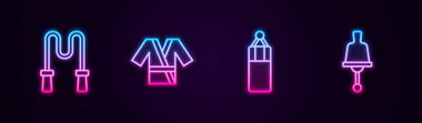 İp atlama, Japon kostümlü kimono kum torbası ve zil. Parlayan neon ikonu. Vektör