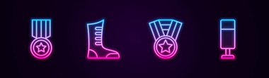 Set hattı madalyası, spor boks ayakkabıları ve kum torbası. Parlayan neon ikonu. Vektör