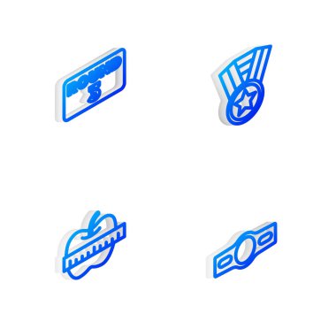 Isometric line Madalyası, Boks yüzüğü, Apple ve mezura ve kemer simgesini ayarla. Vektör