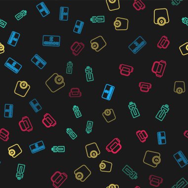 Çizgili boks yüzüğü tahtası, fitness aleti, banyo terazisi ve spor çantası. Vektör