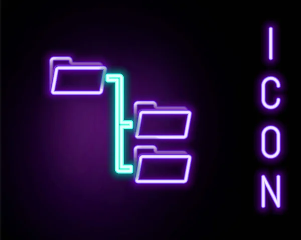发光的霓虹灯线折叠树图标孤立在黑色背景 计算机网络文件夹组织结构流程图 五彩缤纷的概念 — 图库矢量图片