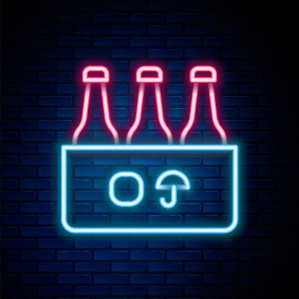 Glowing Neon Line Pack Beer Bottles Icon Isolated Brick Wall — Stock Vector