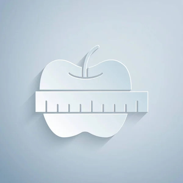 纸切割苹果和测量磁带图标孤立在灰色背景 超重了 健康饮食菜单 健康饮食苹果 造纸艺术风格 — 图库矢量图片