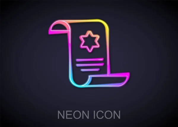 Gloeiende Neon Lijn Torah Scroll Pictogram Geïsoleerd Zwarte Achtergrond Joodse — Stockvector