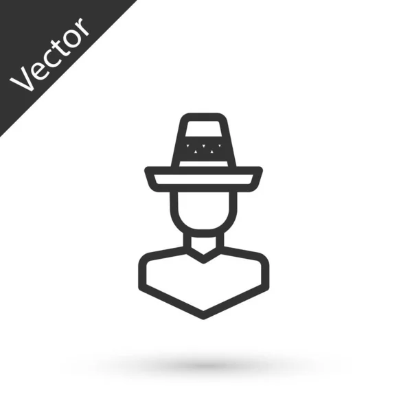 Homme Mexicain Ligne Grise Portant Icône Sombrero Isolé Sur Fond — Image vectorielle