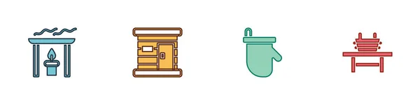 アロマキャンドル サウナ木製バスルーム バケツアイコン付きミトンとベンチを設定します ベクトル — ストックベクタ