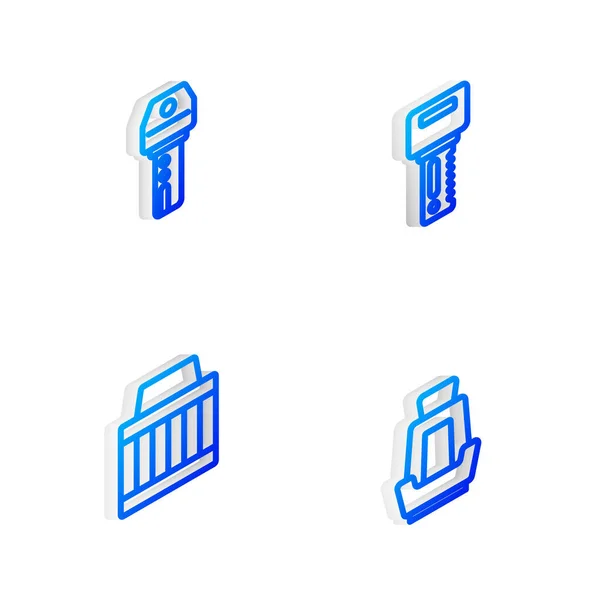 Set Isometric Line Car Key Remote Air Filter Seat Icon — Stock Vector