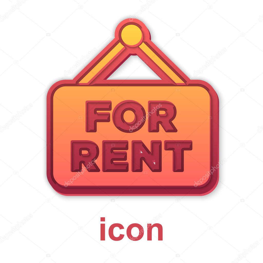 Gold Hanging sign with text For Rent icon isolated on white background. Signboard with text For Rent.  Vector
