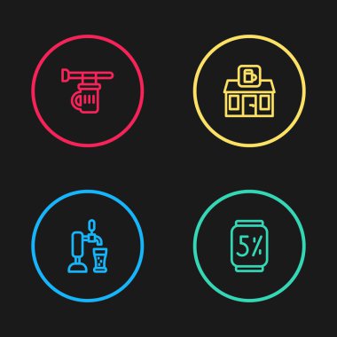 Bira fıçısını cama, teneke kutuya, bira dükkanı binasına ve tabela simgesine ayarlayın. Vektör