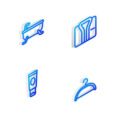 Bornoz, küvet, krem ya da losyon kozmetik tüpü ve elbise askısı ikonunu ayarlayın. Vektör