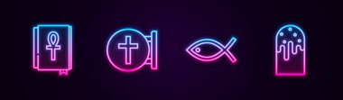 Hristiyan haçı, balık ve Paskalya pastası. Parlayan neon ikonu. Vektör