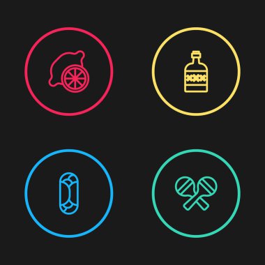 Sıra Burrito, Maracas, tekila şişesi ve limon ikonu. Vektör