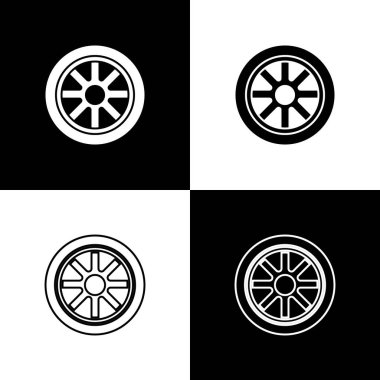 Araba tekeri simgesini siyah beyaz arkaplanda izole et. Vektör
