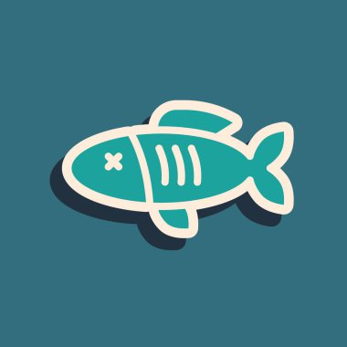 Yeşil kurutulmuş balık ikonu yeşil arka planda izole edilmiş. Uzun gölge tarzı. Vektör