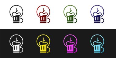 Set Happy hour with wooden beer mug icon isolated on black and white background. Vector vector Set Happy hour with wooden beer mug icon isolated on black and white background. Vector vector