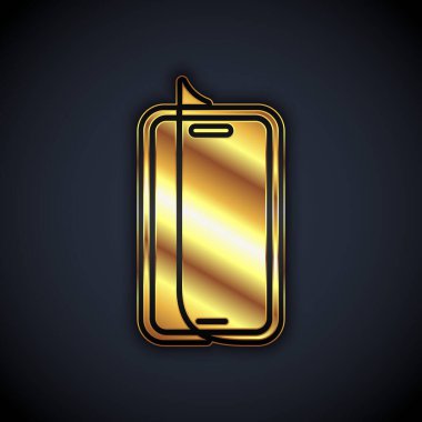 Siyah arkaplanda izole edilmiş akıllı telefon simgesi için altın cam ekran koruyucu. Cam için koruyucu film. Cep telefonu için şeffaf yumuşak cam. Vektör