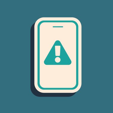 Yeşil arka planda ünlem işareti simgesi olan yeşil cep telefonu. Uyarı mesajı akıllı telefon uyarısı. Uzun gölge tarzı. Vektör