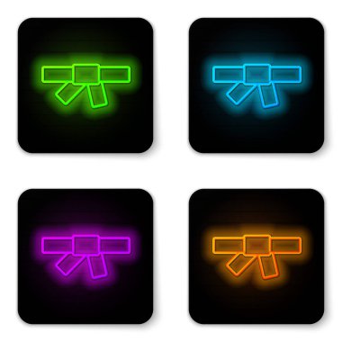Parlayan neon çizgisi siyah karate kuşağı simgesi beyaz arkaplanda izole edildi. Siyah kare düğme. Vektör