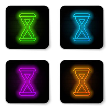 Parlayan neon hattı Sauna kum saati simgesi beyaz arkaplanda izole edildi. Sauna zamanlayıcısı. Siyah kare düğme. Vektör