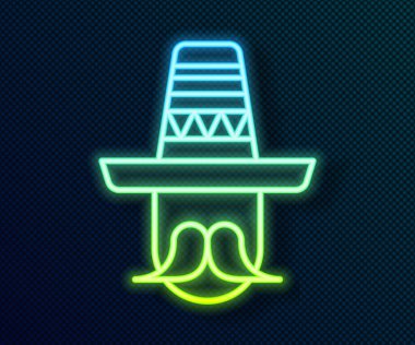 Siyah arka planda izole edilmiş sombrero ikonu giyen parlak neon çizgili Meksikalı adam. Bıyıklı İspanyol adam. Vektör