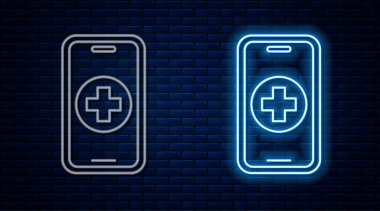 Parlayan neon hattı telefon tamir ikonu tuğla duvar arka planında izole edildi. Ayarlama, servis, ayar, bakım, onarım, onarım. Vektör