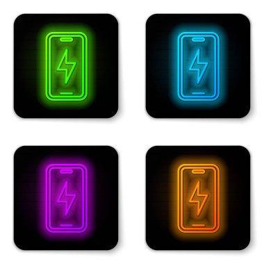 Parlayan neon hattı Smartphone şarj edilen batarya simgesi beyaz arkaplanda izole edildi. Şarjı az bir telefon. Siyah kare düğme. Vektör