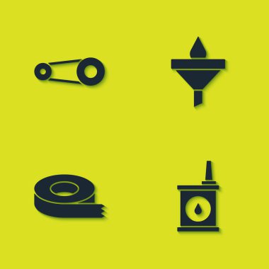 Zaman ayarlı kemer kiti, motor yağı için teneke kutu, selobant ve huni ve ikon bırakın. Vektör