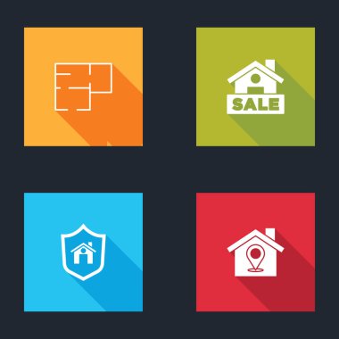 Ev planını hazırla, Satış, kalkan ve konum ikonu ile asılma işareti yap. Vektör