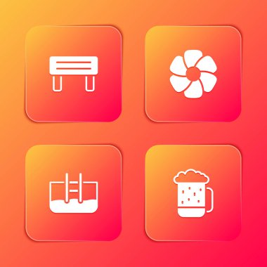 Sauna tahtası, çiçek, merdivenli yüzme havuzu ve ahşap bira bardağı simgesi koyun. Vektör