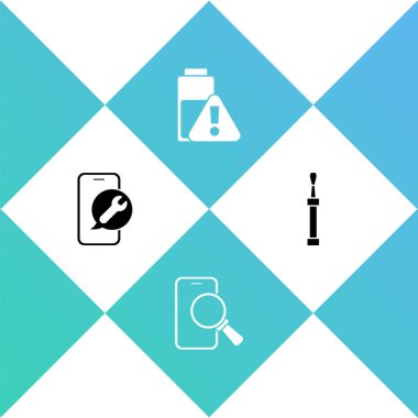 Cep telefonu servisini, telefon tamirini, akıllı telefon aküsünü ve tornavida simgesini ayarla. Vektör