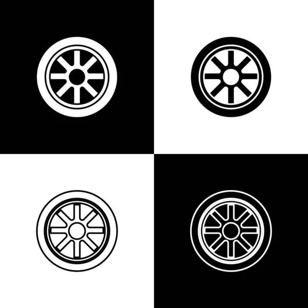 Set Car Kerék Ikon Elszigetelt Fekete Fehér Háttér Vektor — Stock Vector