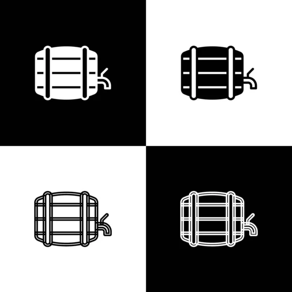 Set Wooden Barrel Rack Stopcock Icon Isolated Black White Background — Stock Vector