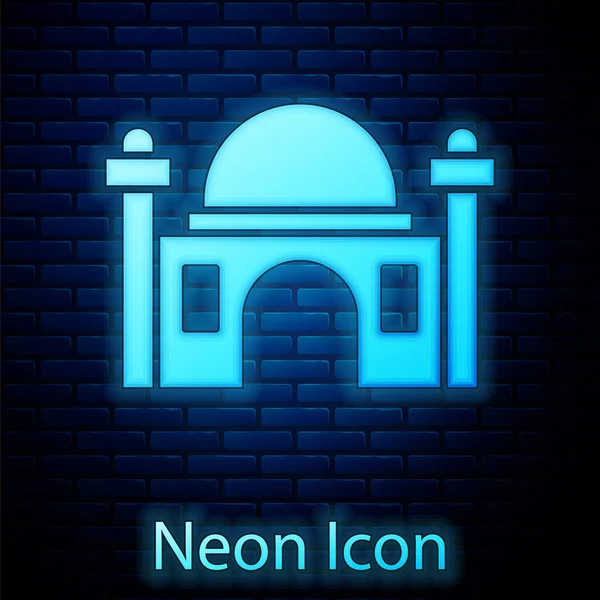 Glödande Neon Muslimsk Moské Ikon Isolerad Tegelvägg Bakgrund Vektor — Stock vektor
