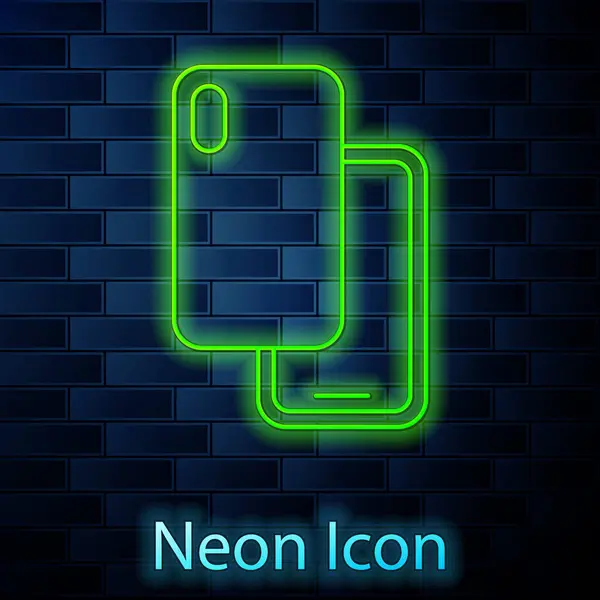 Glowing Neon Line Smartphone Mobile Phone Icon Isolated Brick Wall — Stock Vector