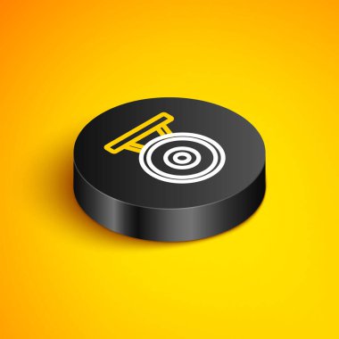 Isometric line Gong musical percussion instrument circular metal disc icon isolated on yellow background. Black circle button. Vector vector
