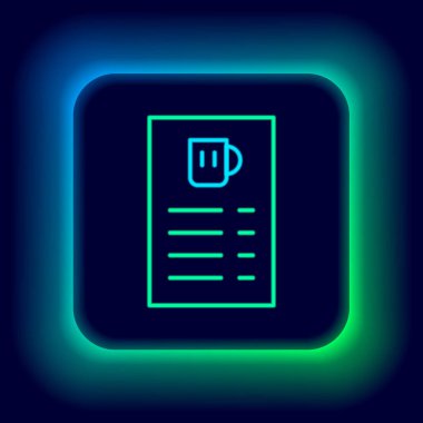 Parlayan neon hattı bira menüsü simgesi siyah arkaplanda izole edildi. Bira restoranının broşürü. Renkli taslak konsepti. Vektör