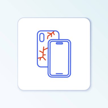 Beyaz arkaplanda kırık ekran simgesine sahip çizgi akıllı telefonu izole edildi. Parçalanmış telefon ekranı simgesi. Renkli taslak konsepti. Vektör