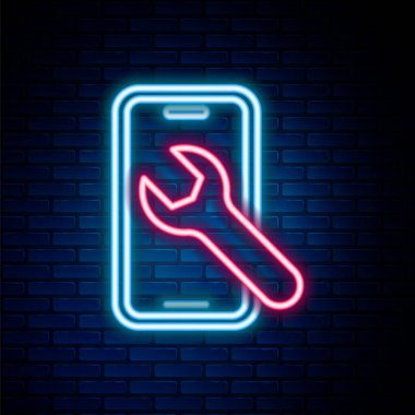 Duvarda izole edilmiş İngiliz anahtarı simgesiyle parlayan neon hattı cep telefonu. Ayarlama, servis, ayar, bakım, onarım. Renkli taslak konsepti. Vektör