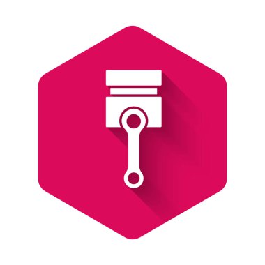 Beyaz Motor piston simgesi uzun gölge arkaplanı ile izole edildi. Araba motoru pistonu işareti. Pembe altıgen düğmesi. Vektör