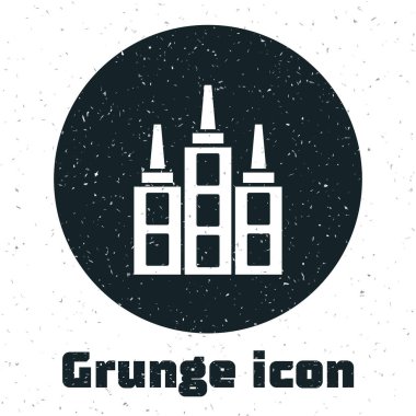 Grunge Gökdelen simgesi beyaz arkaplanda izole edildi. Metropolis mimarisi panoramik manzara. Tek renkli klasik çizim. Vektör