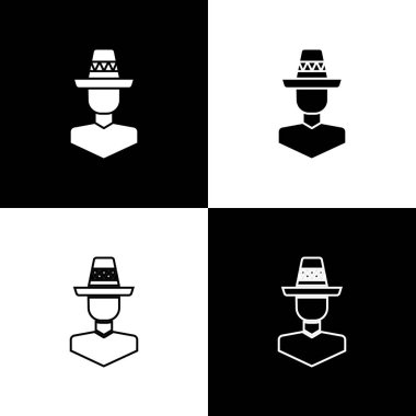 Siyah beyaz arka planda izole edilmiş sombrero ikonu giyen Meksikalı bir adam ayarla. Bıyıklı İspanyol adam. Vektör