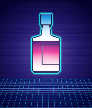 Retro stili tekila şişesi ikonu fütüristik manzara arka planını izole etti. Meksika alkolü. 80 'lerin moda partisi. Vektör